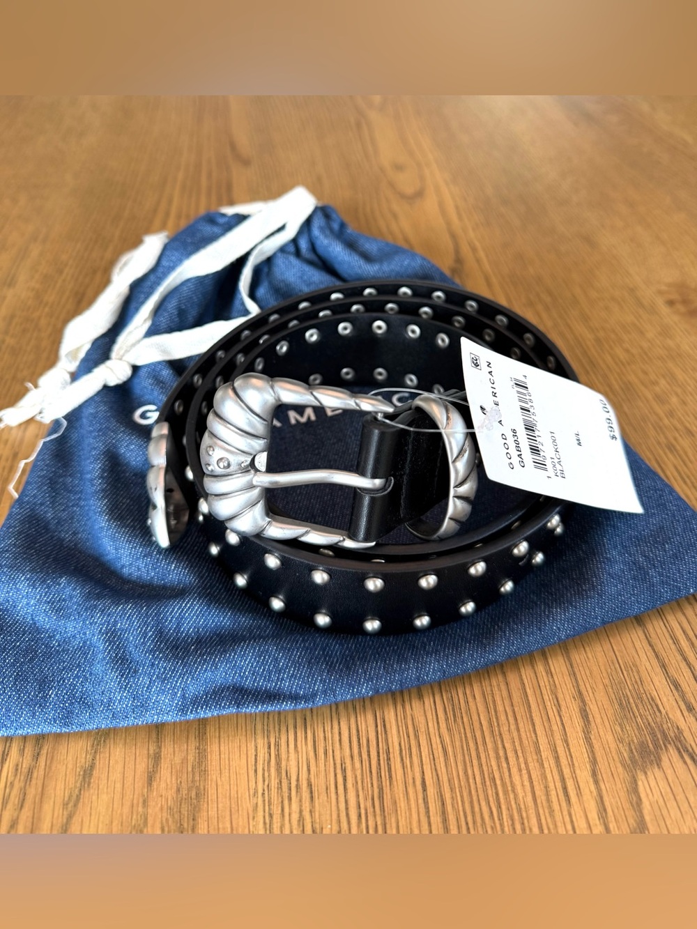 Good American Studded Western Leather Belt Black Silver GAB036 NWT - Picture 2 of 15